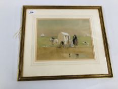 ENGLISH SCHOOL C19th "BATHING MACHINE WITH FIGURES" WATERCOLOUR 22 X 27CM.