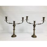 A PAIR OF C19th SILVER PLATED TWO BRANCH CANDELABRA, HEIGHT 47CM.