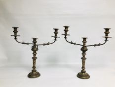 A PAIR OF C19th SILVER PLATED TWO BRANCH CANDELABRA, HEIGHT 47CM.