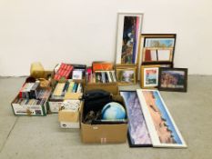 SEVEN BOXES OF ASSORTED HOMEWARES TO INCLUDE BOOKS, RECORDS, CD'S, DVD'S, FOOTWARE, GLOBE LAMP,