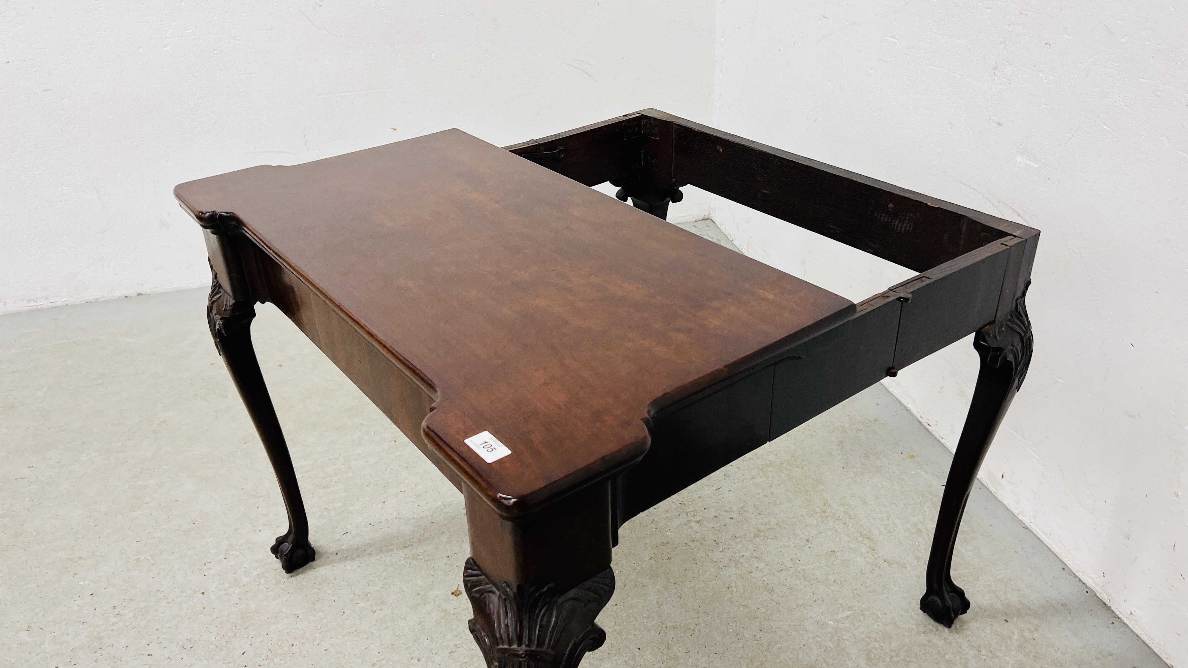 A GEORGE III MAHOGANY GAMING TABLE, THE TOP WITH GUINEA WELLS AND CANDLE CORNERS, - Image 15 of 22