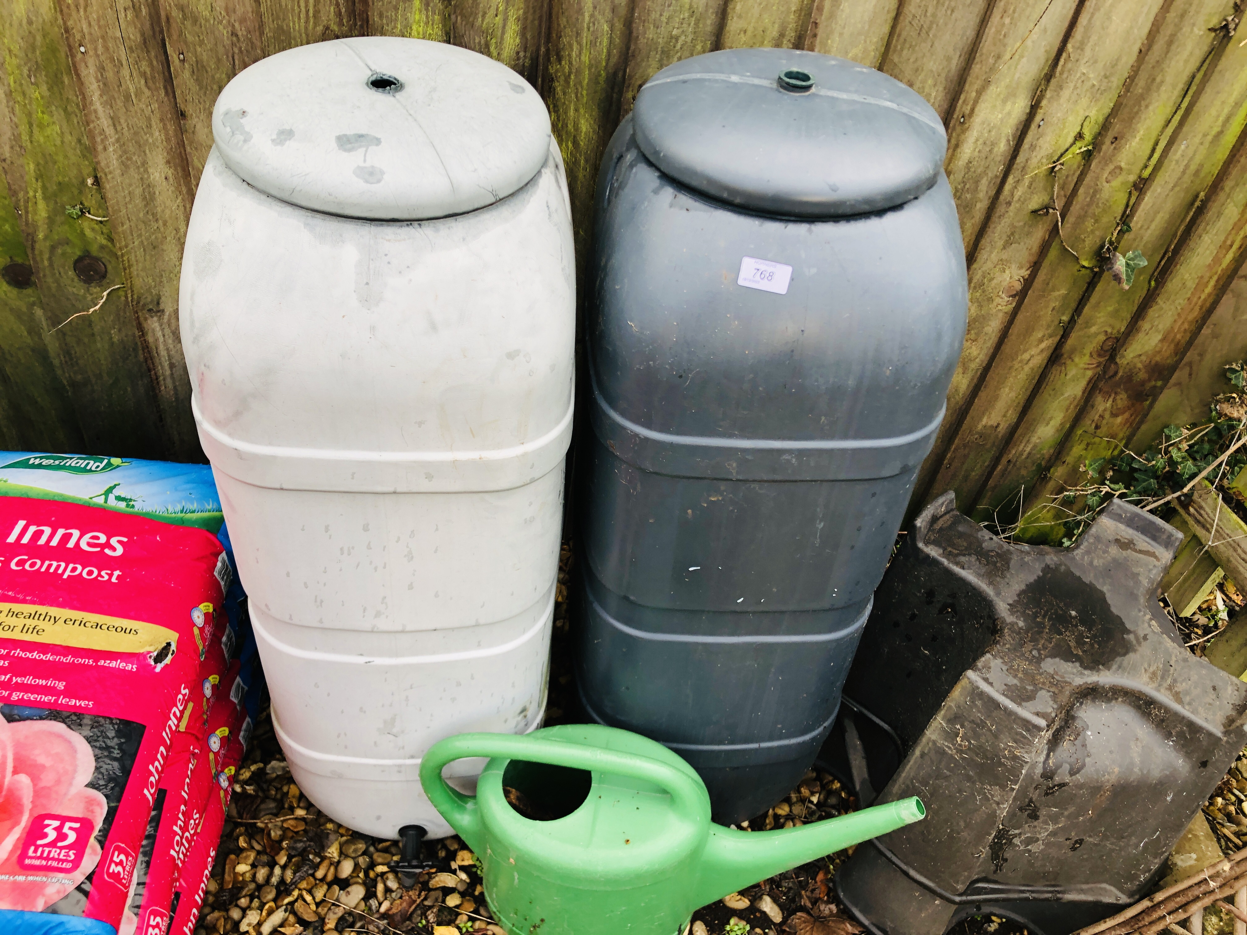 FOUR BAGS OF 35 LITRE JOHN INNES ERICACEOUS COMPOST, 2 X WATER BUTTS, PARASOL STAND, ETC. - Image 2 of 3