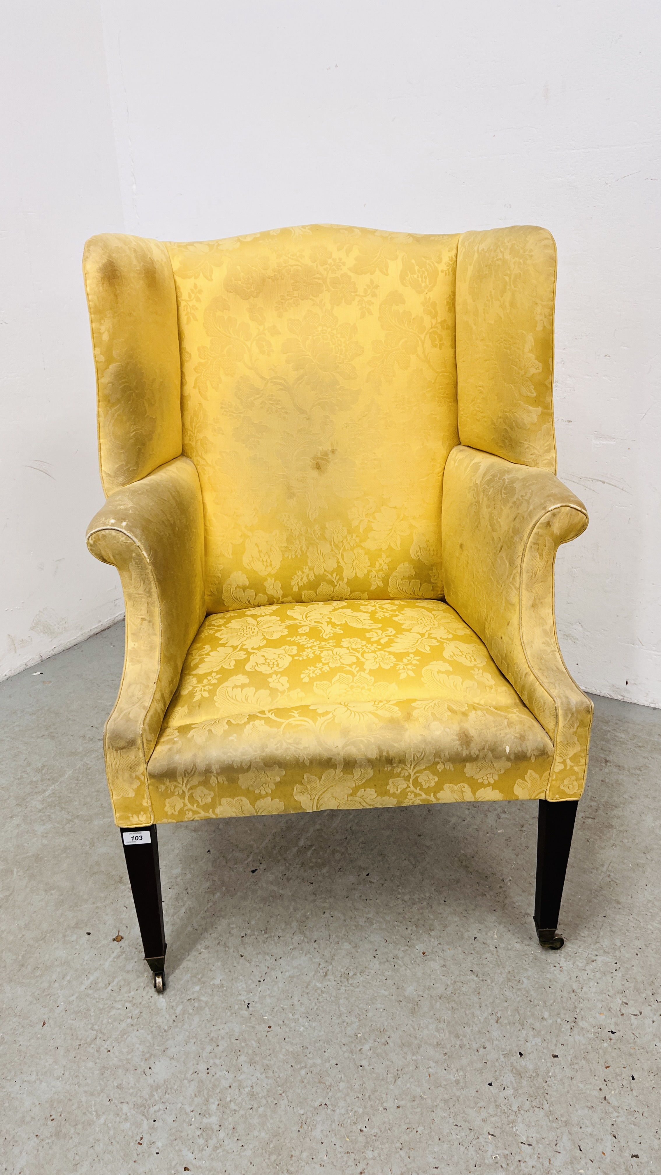 A LATE GEORGIAN MAHOGANY WINGED ARM CHAIR ON SQUARE TAPERED LEGS - Image 2 of 12