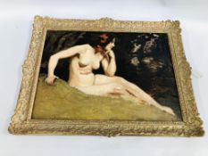 OIL ON CANVAS RECLINING NUDE STUDY OF WOMAN THE FRAME BEARING LABEL EDWIN NICHOL 1855-1923, 39 X 54.