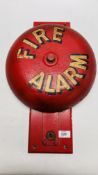 VINTAGE RED CAST "FIRE ALARM" BELL, DIAMETER 33CM, ON WOODEN MOUNT.