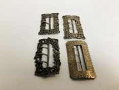 A GROUP OF FOUR SILVER SHAPED RECTANGULAR BUCKLES, VARIOUS DATES AND ASSAYS.