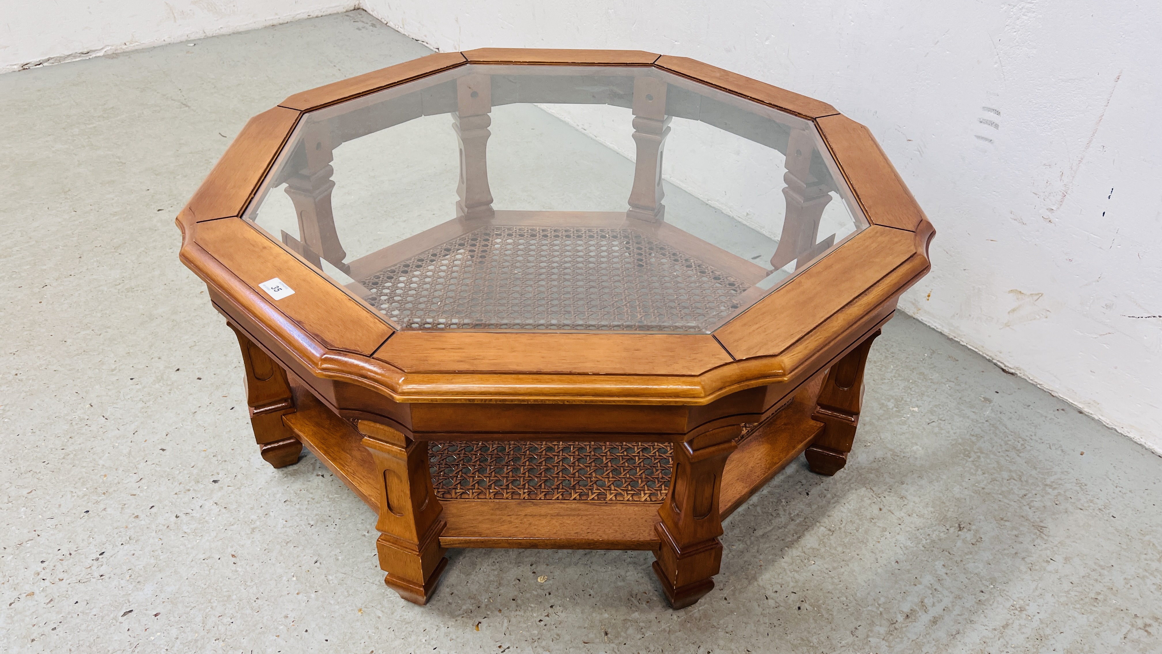 A GLASS TOP OCTAGONAL COFFEE TABLE WITH LOWER BERGERE WORK SHELF - Image 9 of 9