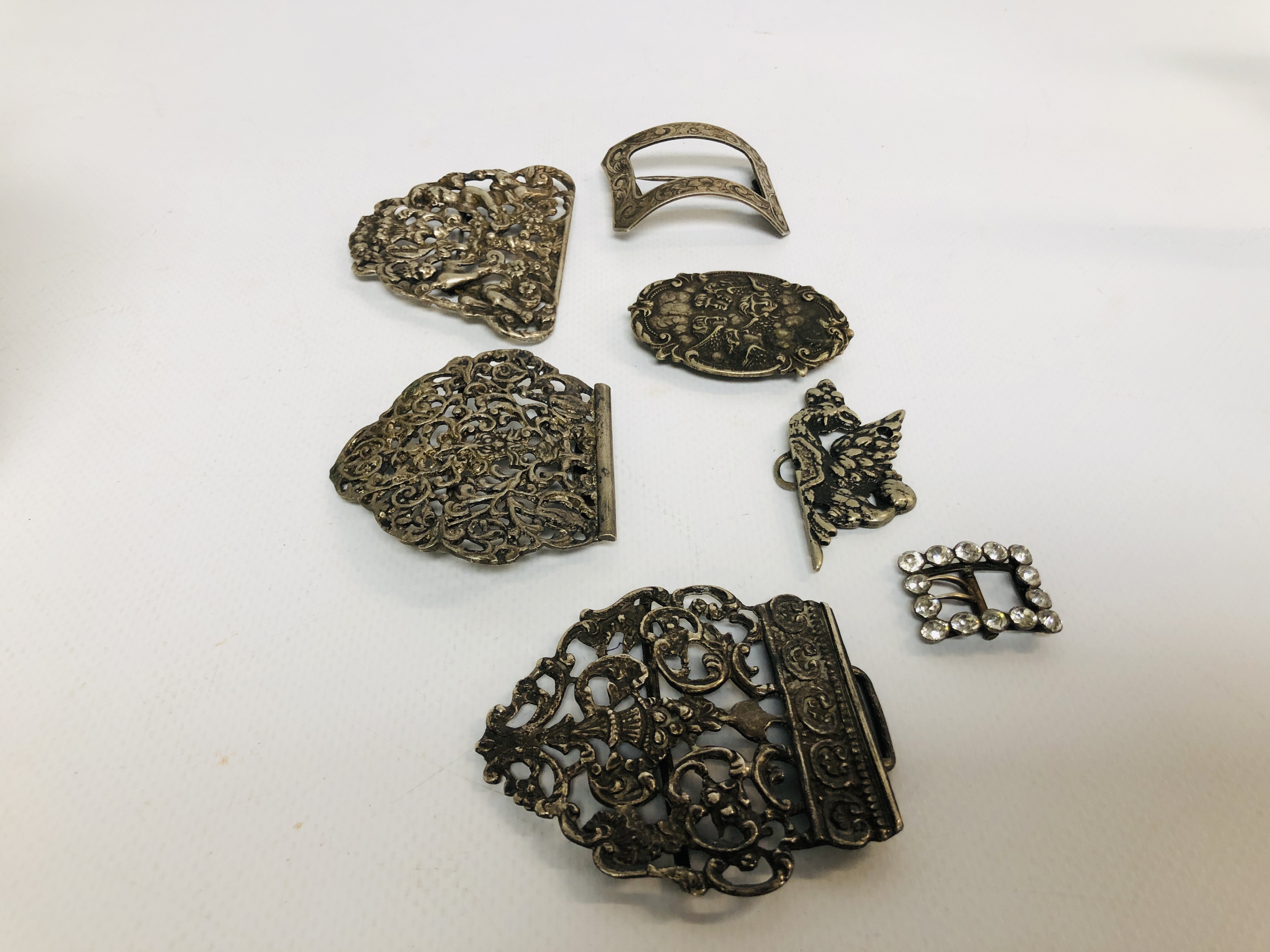 A GROUP OF FIVE SILVER HALF BUCKLES VARIOUS DATES AND MAKERS,