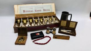 BOX OF MIXED COLLECTIBLES TO INCLUDE PEWTER TANKARD, CASED SCALES, BINOCULARS AND CAMERAS,