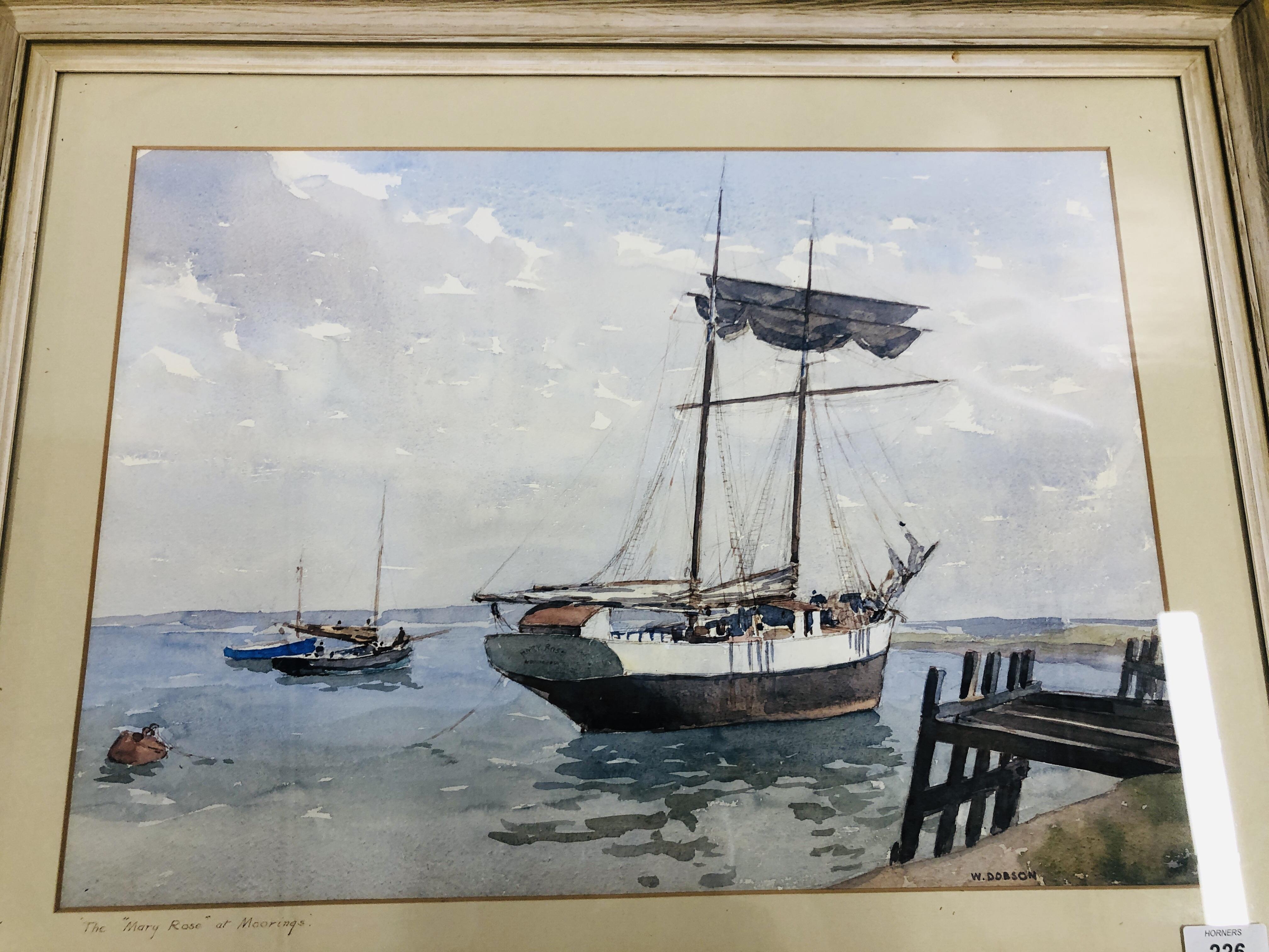 A FRAMED WATERCOLOUR "THE MARY ROSE AT MOORINGS" BEARING SIGNATURE W. DOBSON, W 50.5CM X H 36CM. - Image 2 of 4