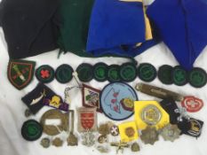 BOX WITH BOY SCOUT AND RELATED BADGES, CLOTH ETC.