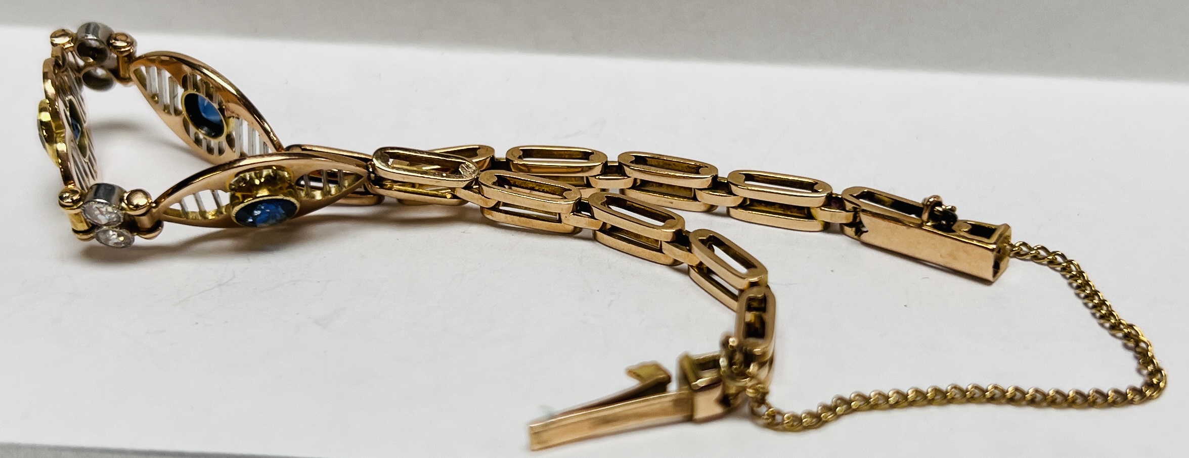 A VINTAGE DIAMOND AND SAPPHIRE BRACELET AND SAFETY CHAIN, - Image 7 of 8