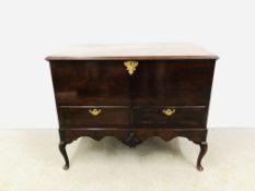 A GEORGE II MAHOGANY CHEST ON STAND, THE LIFTING TOP ENCLOSING A COMPARTMENT ABOVE TWO DRAWERS,