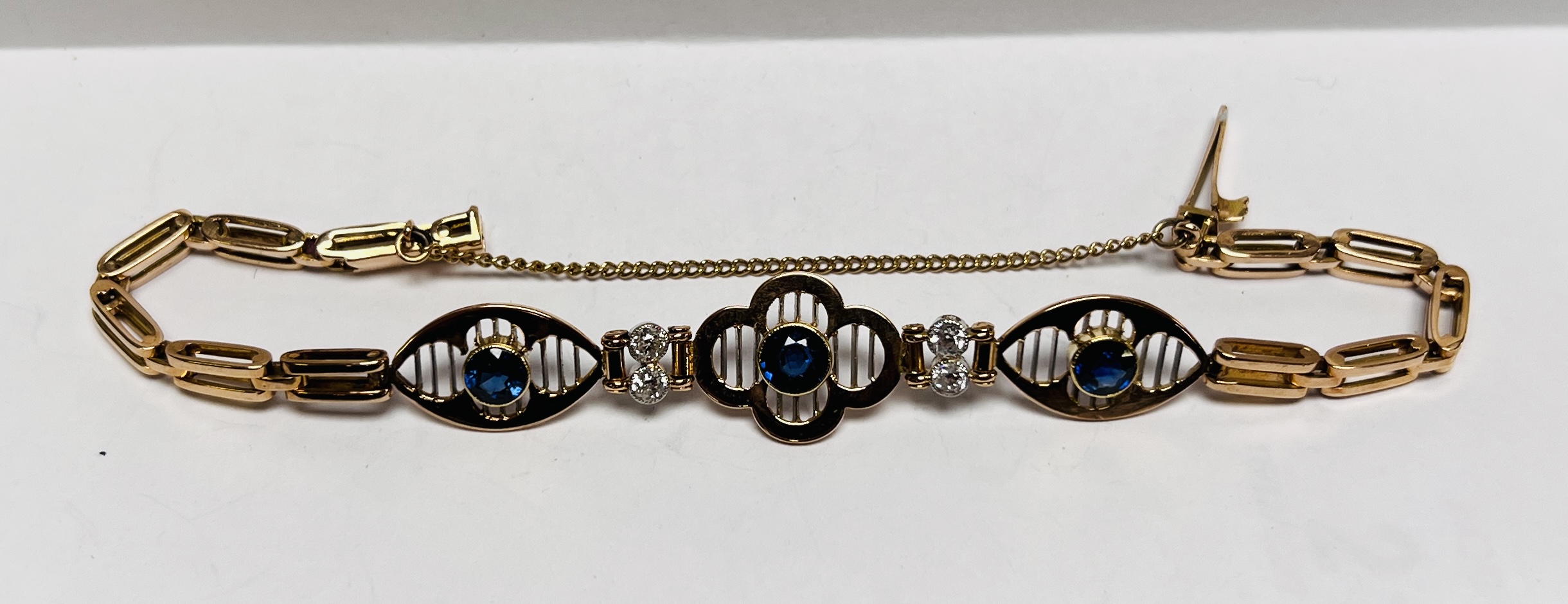 A VINTAGE DIAMOND AND SAPPHIRE BRACELET AND SAFETY CHAIN, - Image 2 of 8