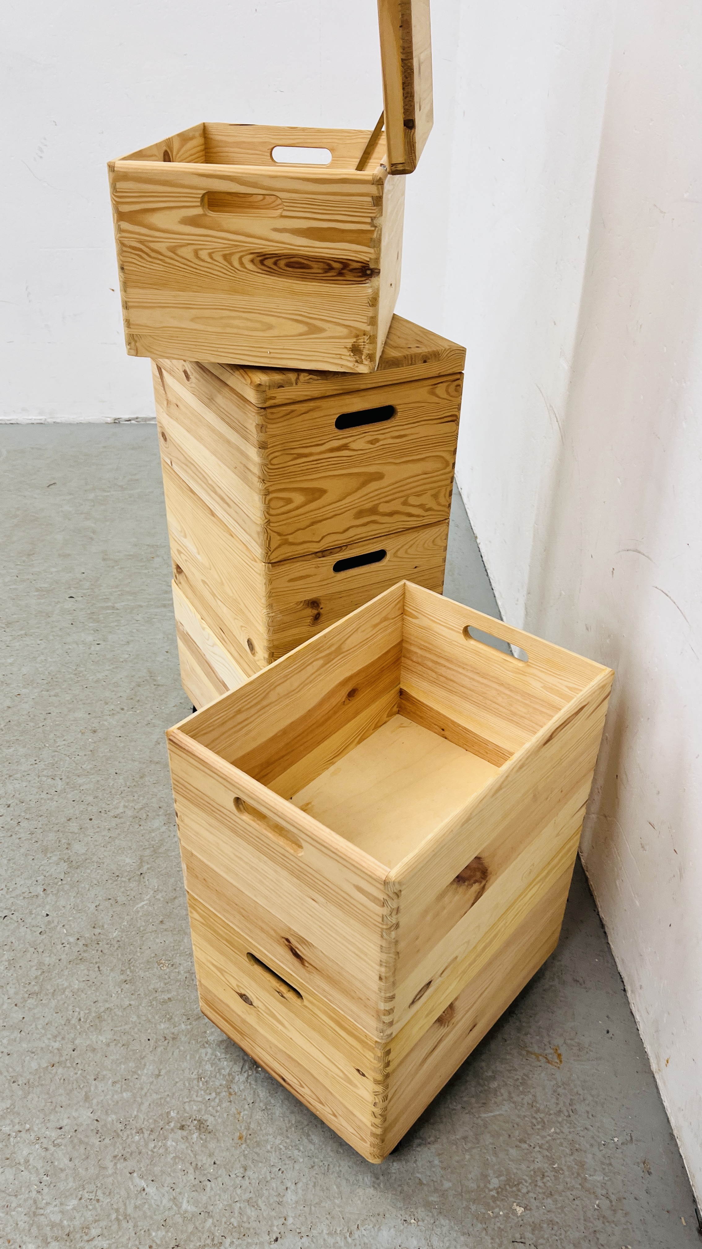 A PAIR OF THREE SECTION PINE STAKING STORAGE BOXES, W 40CM, D 30CM, H 77CM. - Image 7 of 7