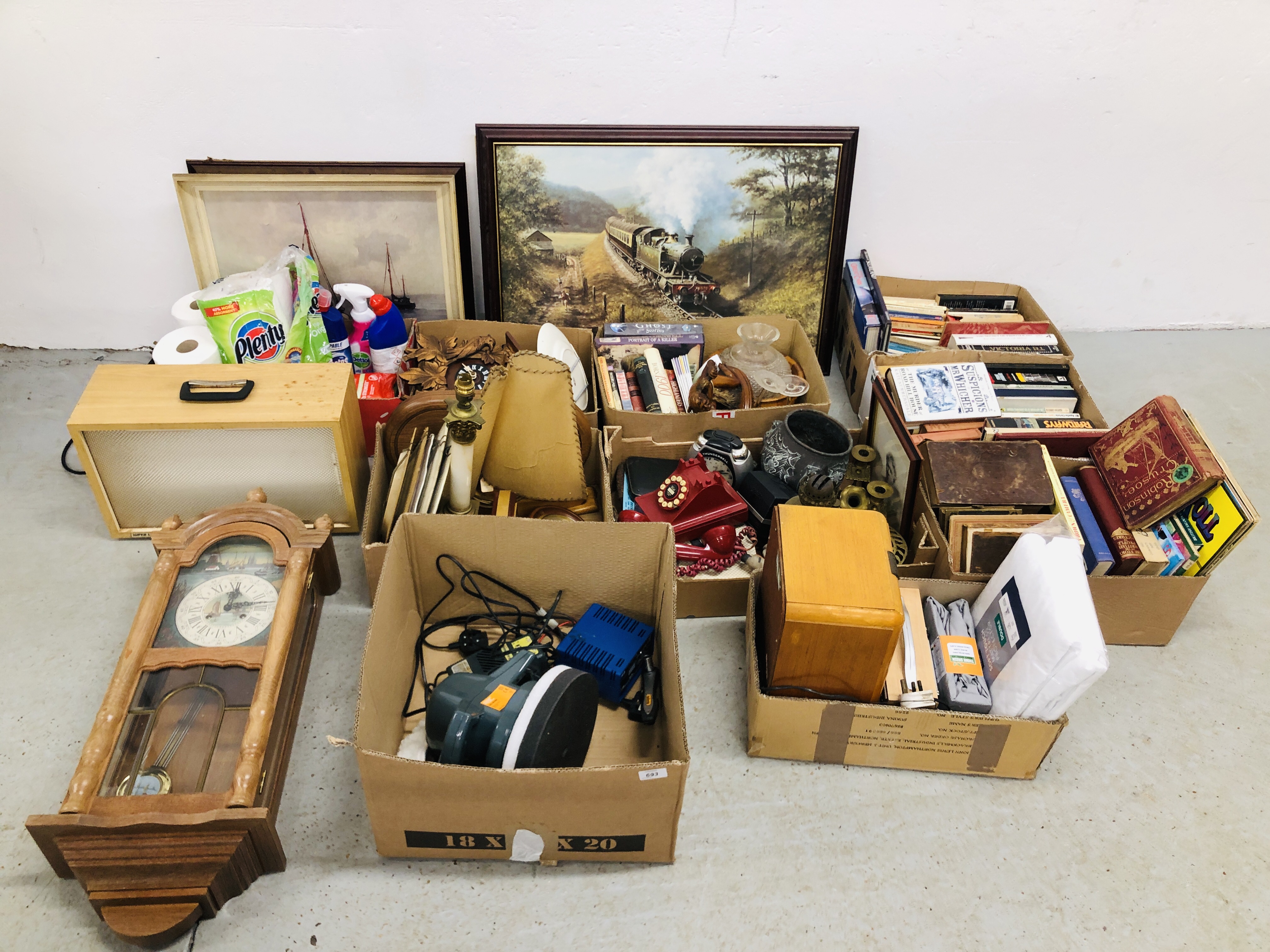 SIX BOXES OF ASSORTED HOUSEHOLD SUNDRIES AND COLLECTIBLES TO INCLUDE AN INLAID CIGARETTE BOX,