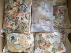 LARGE BOX WITH MANY THOUSANDS OF GB, COMMONWEALTH AND FOREIGN STAMPS IN BAGS AND LOOSE.