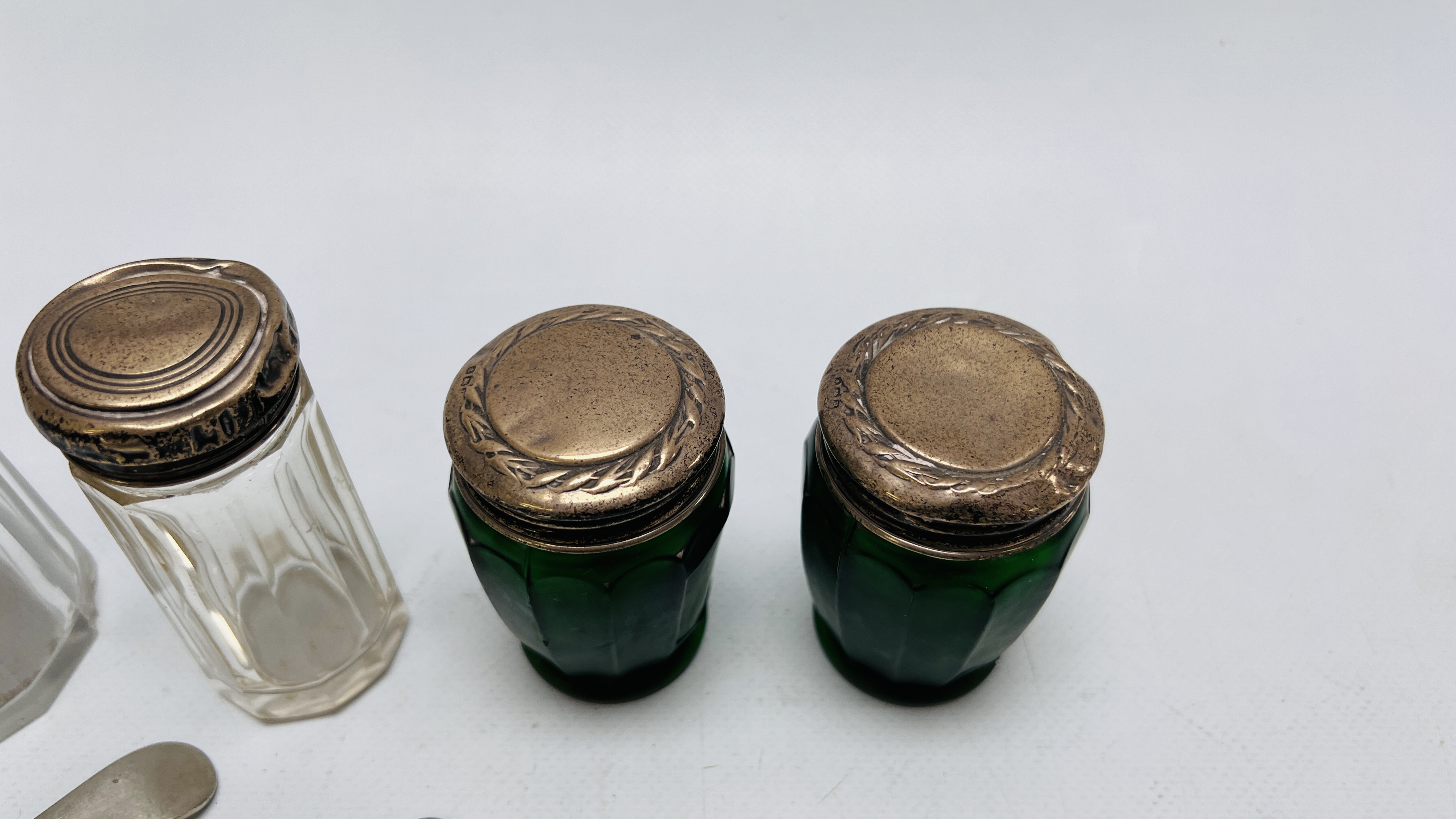 PAIR OF GREEN GLASS JARS WITH SILVER THREADED TOPS, BIRMINGHAM ASSAY H 7CM, - Image 3 of 9