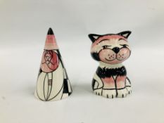 LORNA BAILEY RENNE MACKINTOSH SUGAR SIFTER, H 14CM AND MAC THE CAT, H 12CM BEARING SIGNATURES,