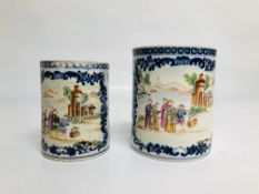 TWO CHINESE QIAN LONG TANKARDS DECORATED WITH FIGURES, HEIGHTS 13CM AND 11.