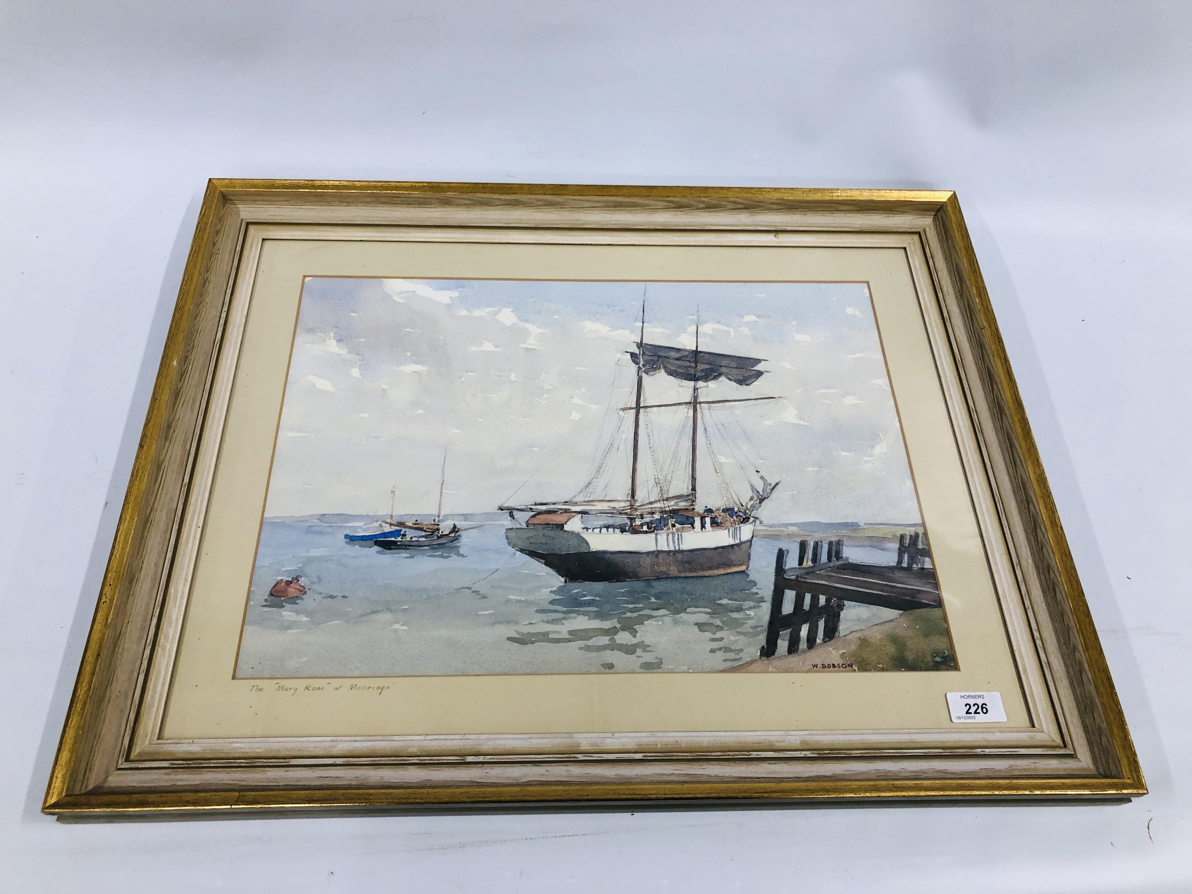 A FRAMED WATERCOLOUR "THE MARY ROSE AT MOORINGS" BEARING SIGNATURE W. DOBSON, W 50.5CM X H 36CM.