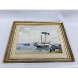 A FRAMED WATERCOLOUR "THE MARY ROSE AT MOORINGS" BEARING SIGNATURE W. DOBSON, W 50.5CM X H 36CM.