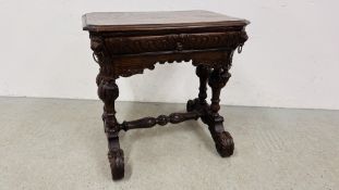 AN ANTIQUE VICTORIAN QUALITY CARVED FREE STANDING SINGLE DRAWER LIBRARY TABLE WITH LION HEAD AND