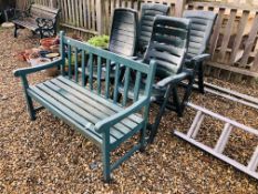 A GREEN PAINTED GARDEN WOODEN BENCH AND FOUR FOLDING PLASTIC GARDEN CHAIRS