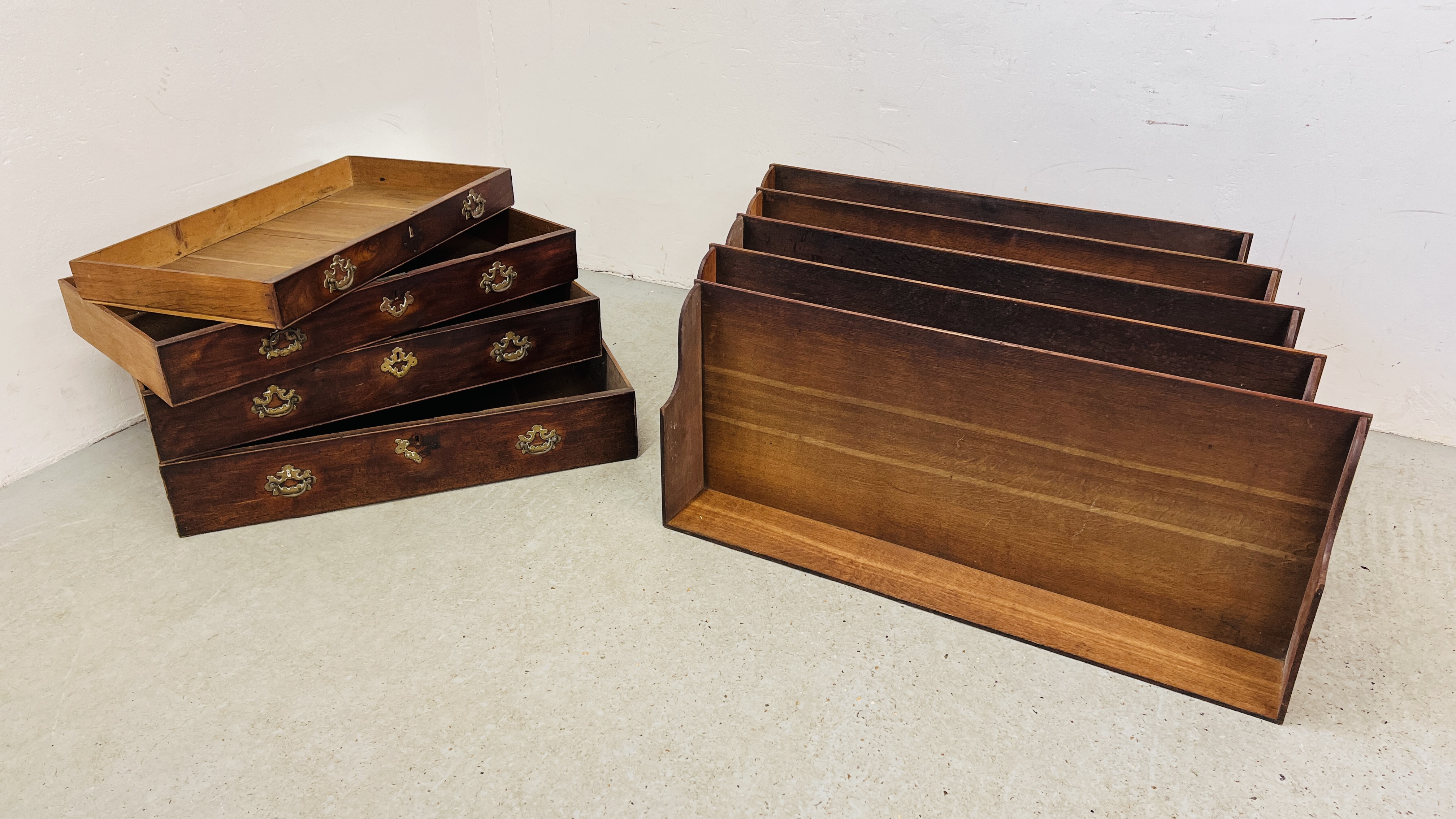 FIVE ANTIQUE OAK LINEN PRESS SLIDES AND FOUR ANTIQUE CHEST DRAWERS FOR RESTORATION PROJECTS