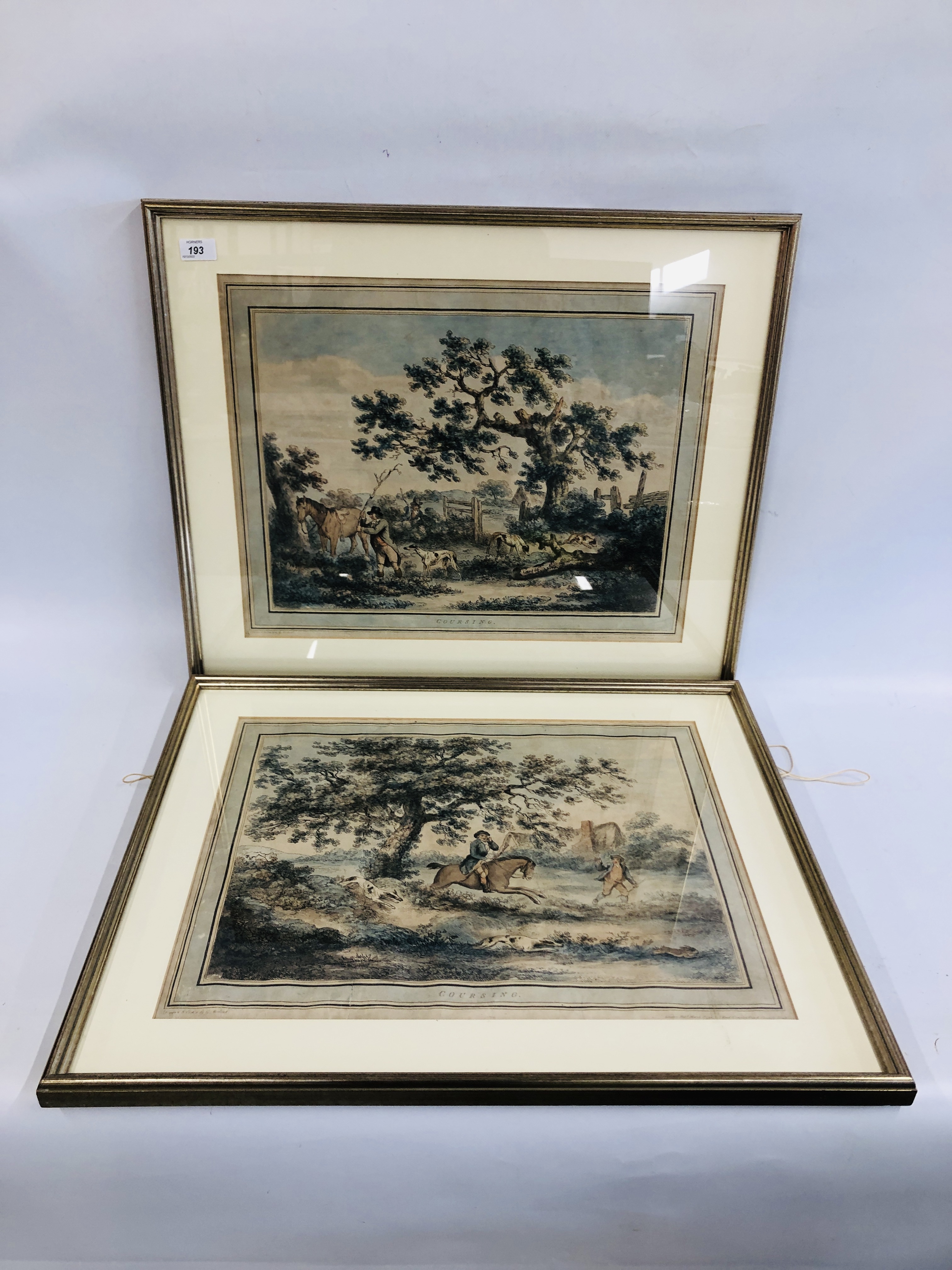 TWO HAND COLOURED ENGRAVINGS HUNTING SCENES "COURSING" FRAMED AND MOUNTED EACH 43CM X 55CM.