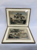 TWO HAND COLOURED ENGRAVINGS HUNTING SCENES "COURSING" FRAMED AND MOUNTED EACH 43CM X 55CM.