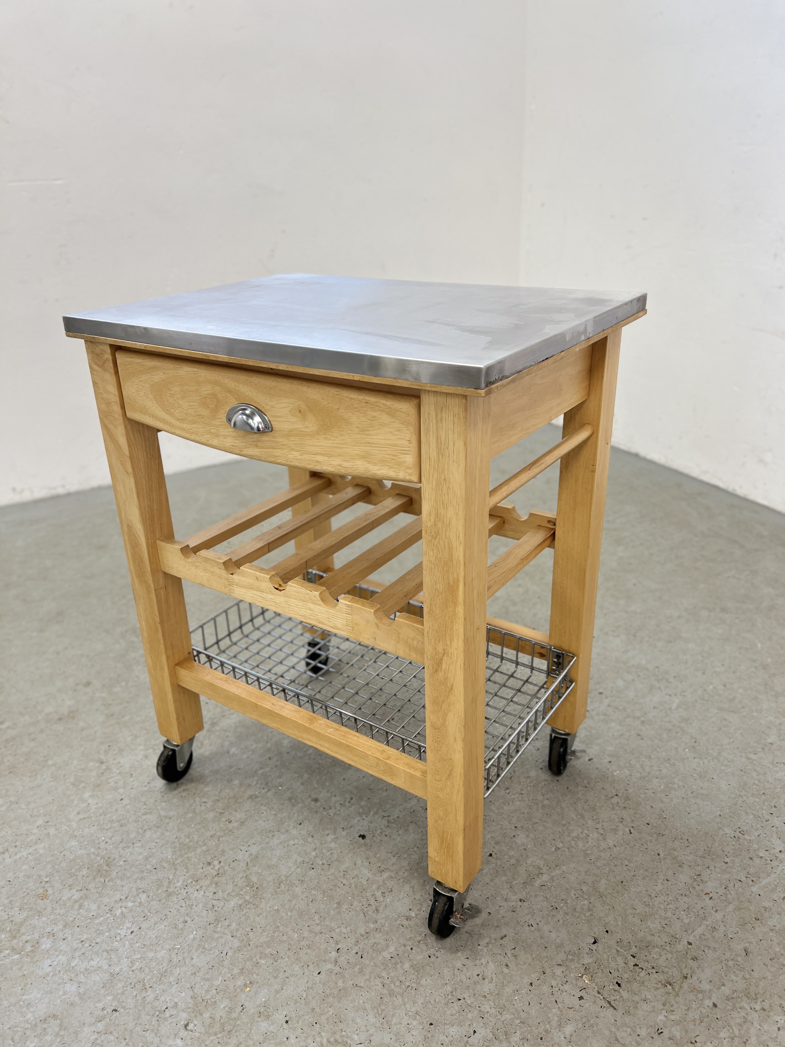 A SOLID BEECHWOOD CHEFS WORKSTATION WITH STAINLESS STEEL TOP WIDTH 70CM. DEPTH 50CM. - Image 2 of 9