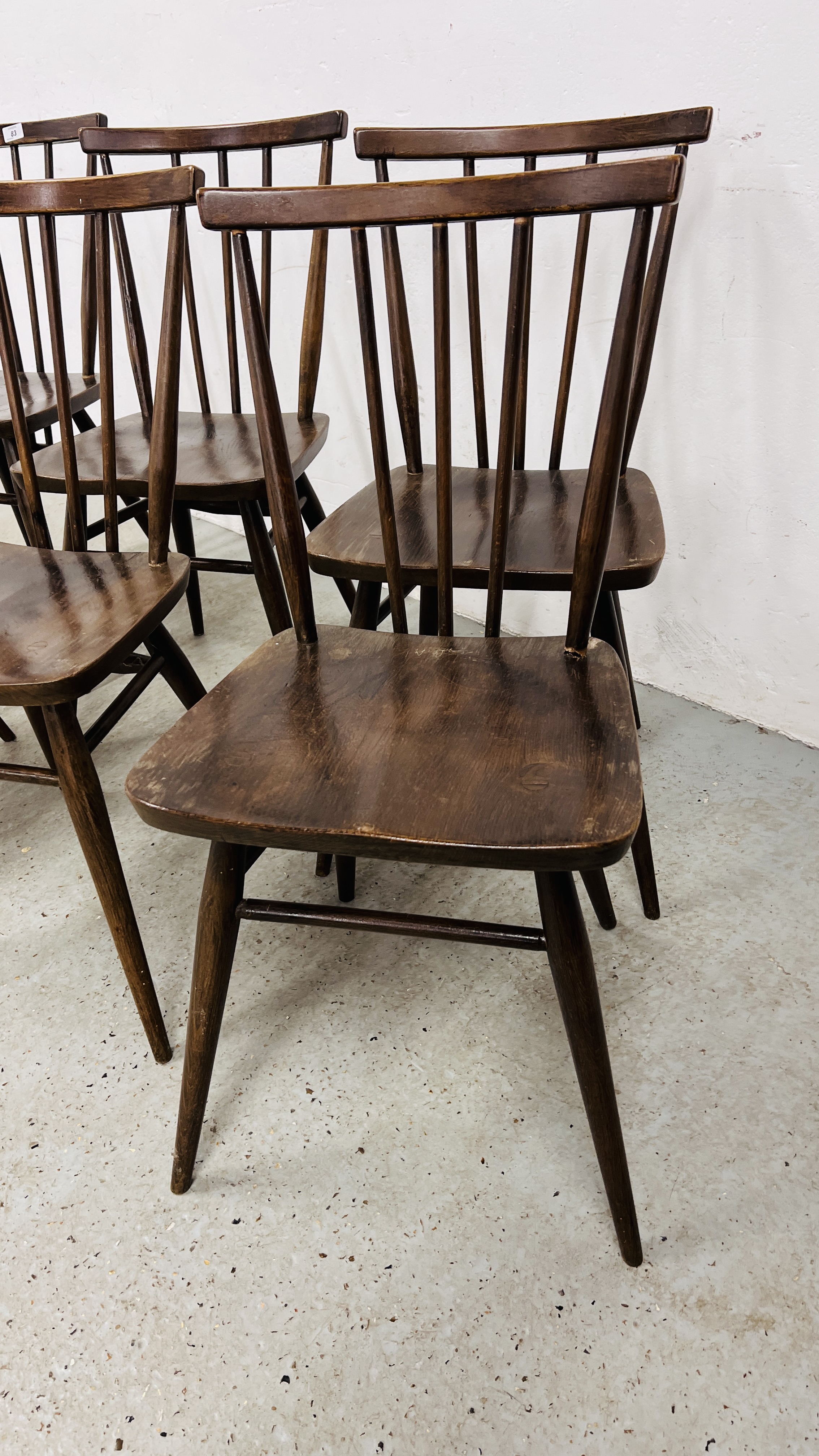 A SET OF SIX DARK ERCOL STICK BACK DINING CHAIRS, 1 A/F. - Image 10 of 17