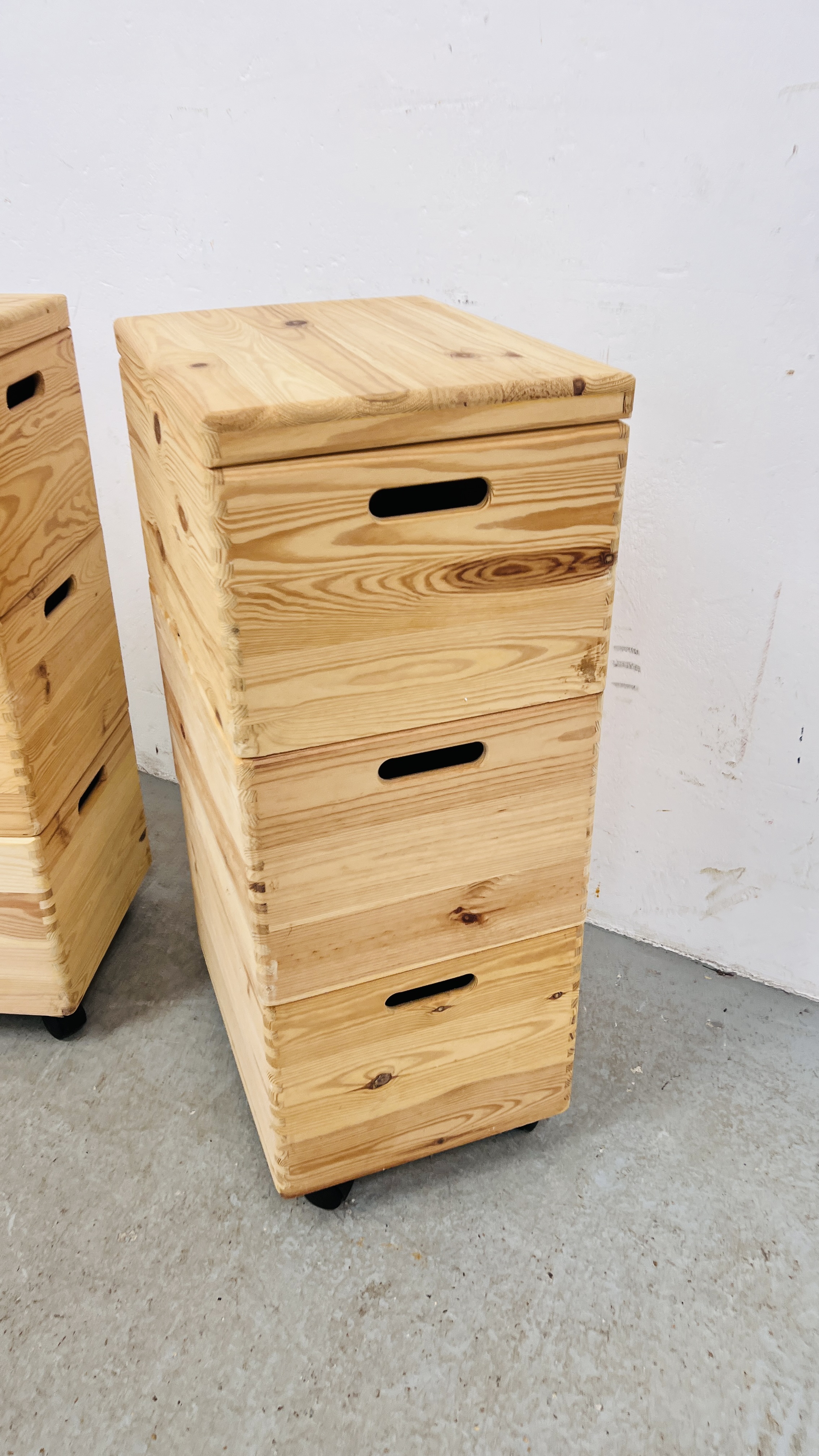 A PAIR OF THREE SECTION PINE STAKING STORAGE BOXES, W 40CM, D 30CM, H 77CM. - Image 2 of 7