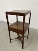 A GEORGE III MAHOGANY SQUARE WASHSTAND WITH LATER TOP 36 X 36 X 77CM.