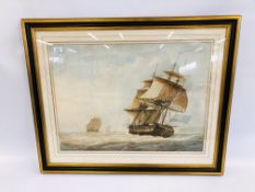 WATERCOLOUR "A PAIR OF BRITISH NAVY FRIGATES" NO VISIBLE SIGNATURE, 49.5CM X 68CM.