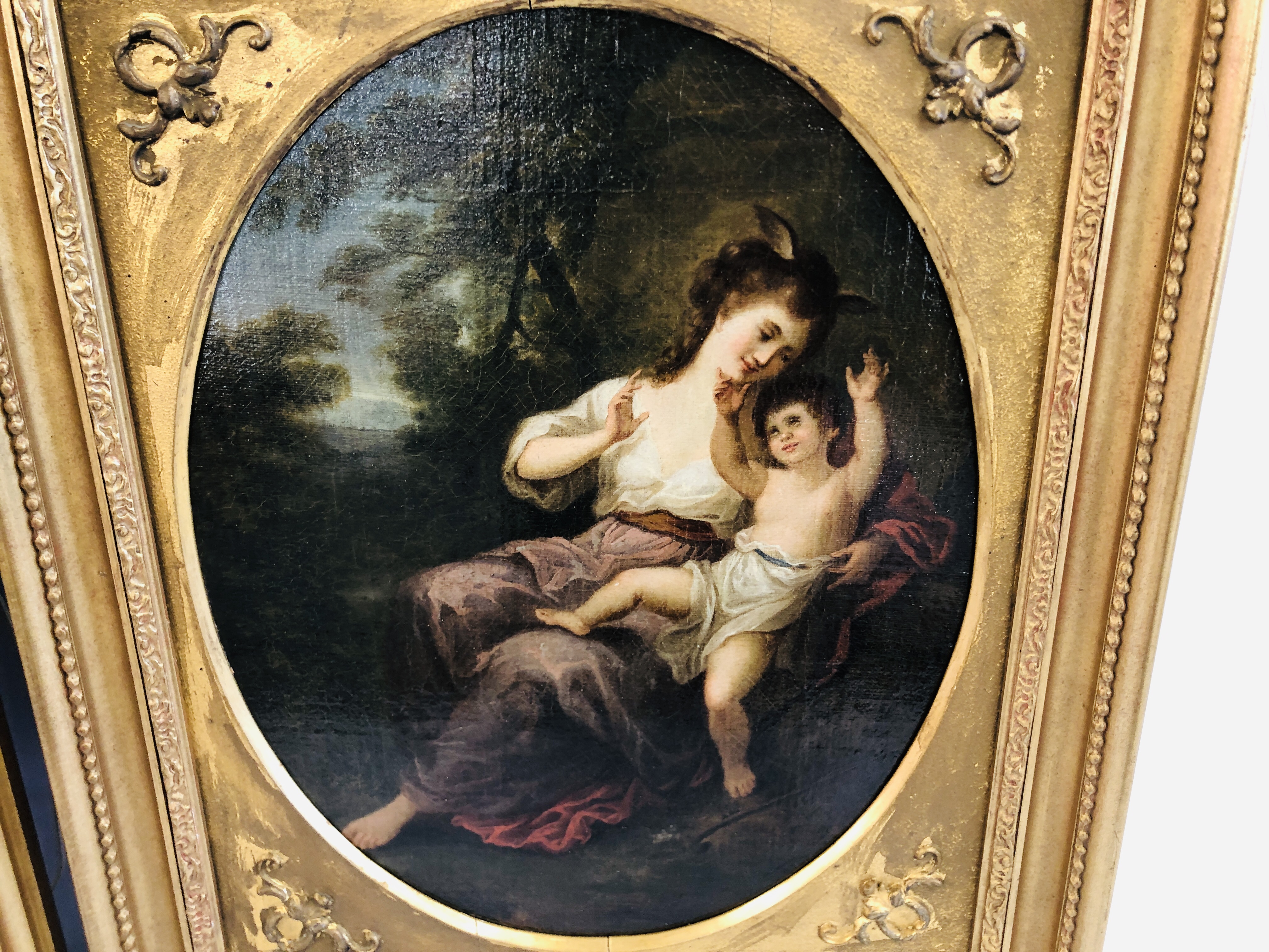 A PAIR OIL ON CANVAS CLASSICAL SCENES "MOTHER & CHILD" AND REVEALING LADY, - Image 5 of 8