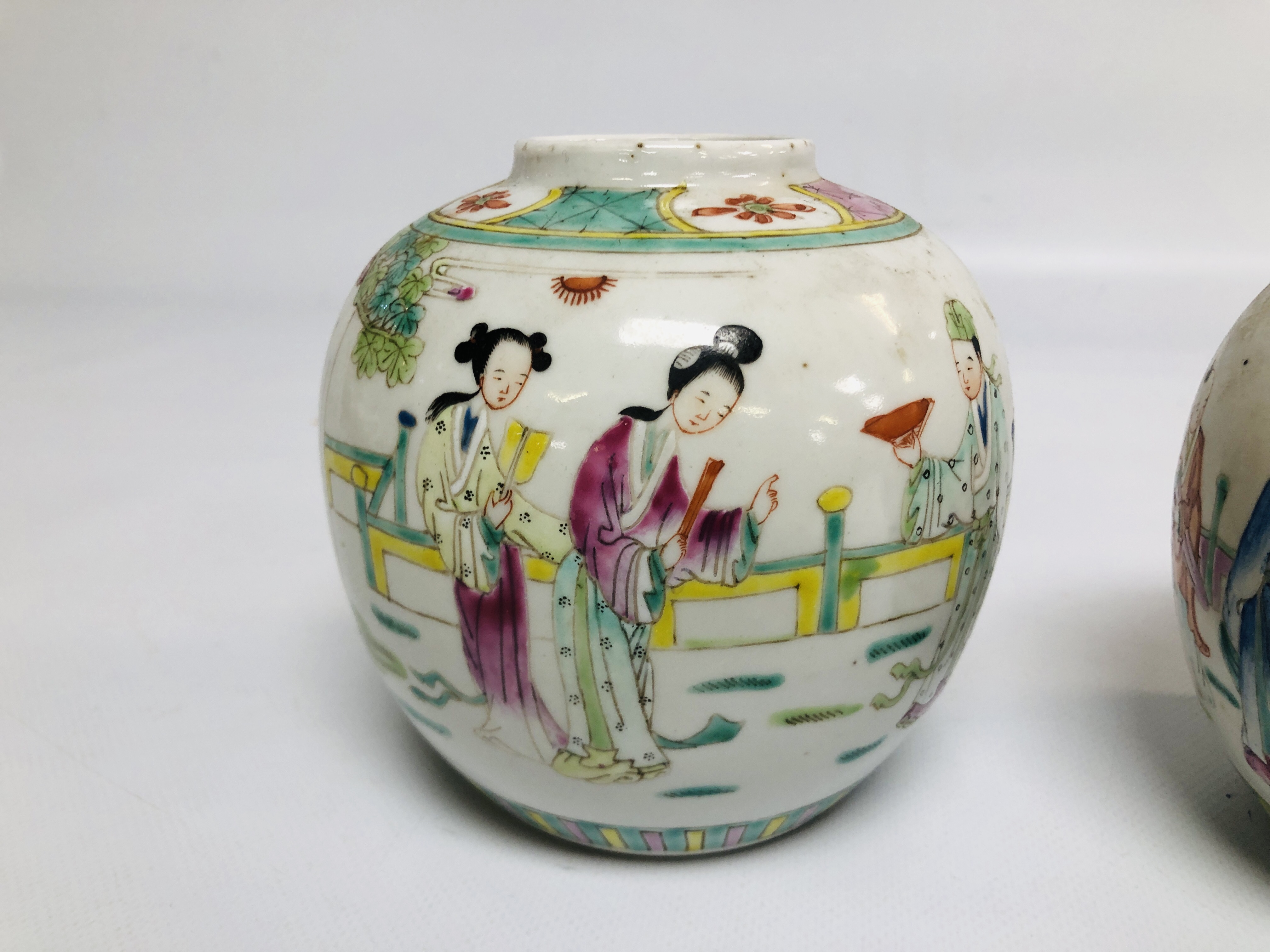A PAIR OF C19th CHINESE POLYCHROME GINGER JARS, HEIGHT 12.5CM. - Image 2 of 7