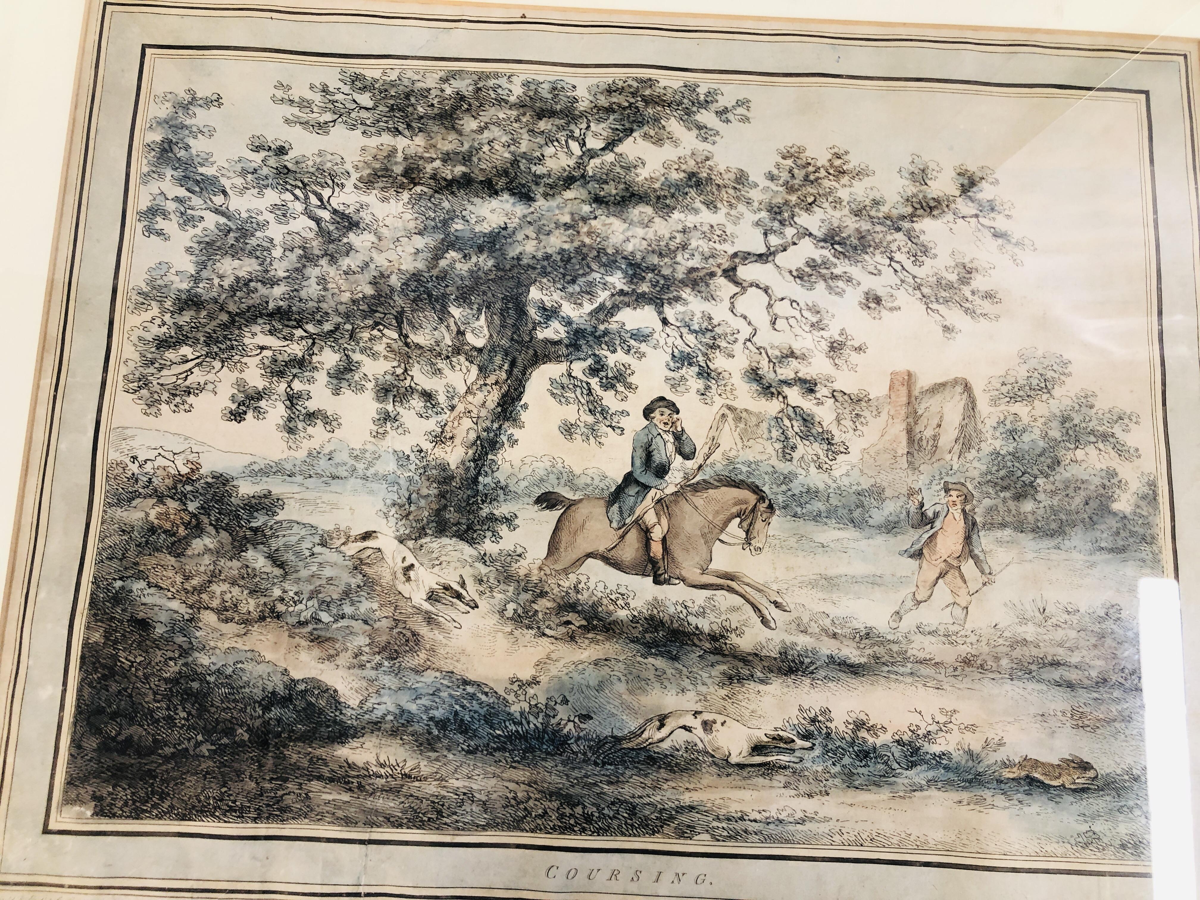 TWO HAND COLOURED ENGRAVINGS HUNTING SCENES "COURSING" FRAMED AND MOUNTED EACH 43CM X 55CM. - Image 6 of 11
