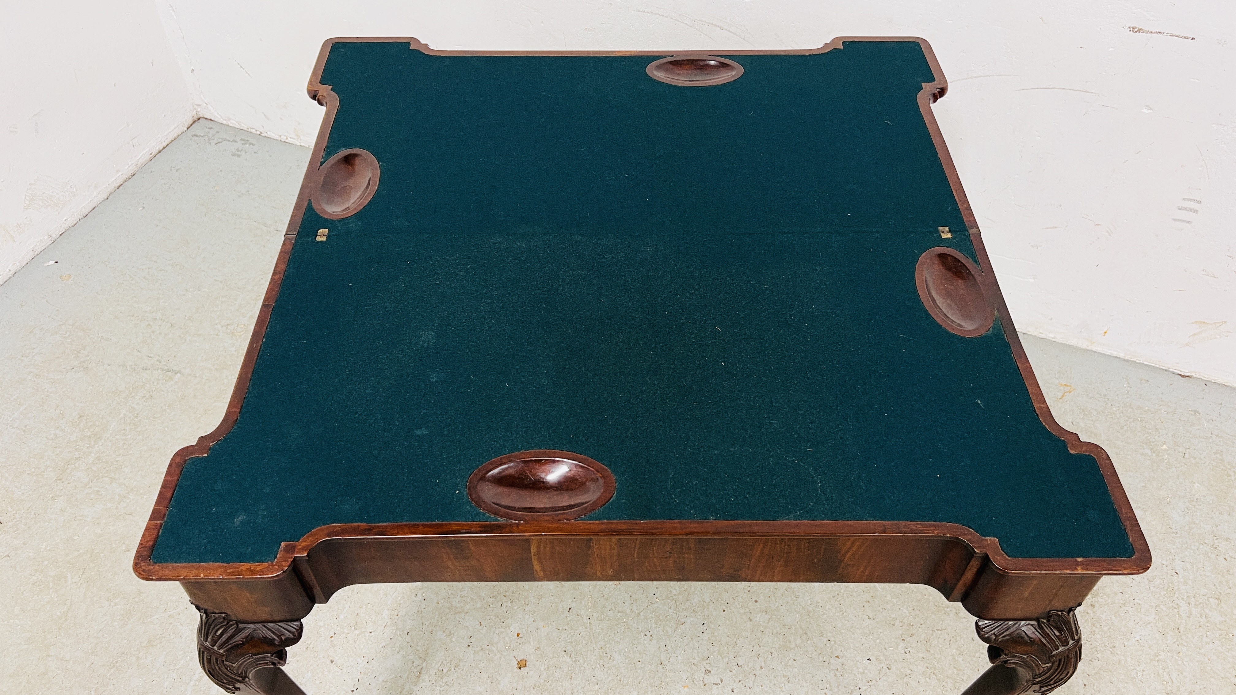A GEORGE III MAHOGANY GAMING TABLE, THE TOP WITH GUINEA WELLS AND CANDLE CORNERS, - Image 9 of 22