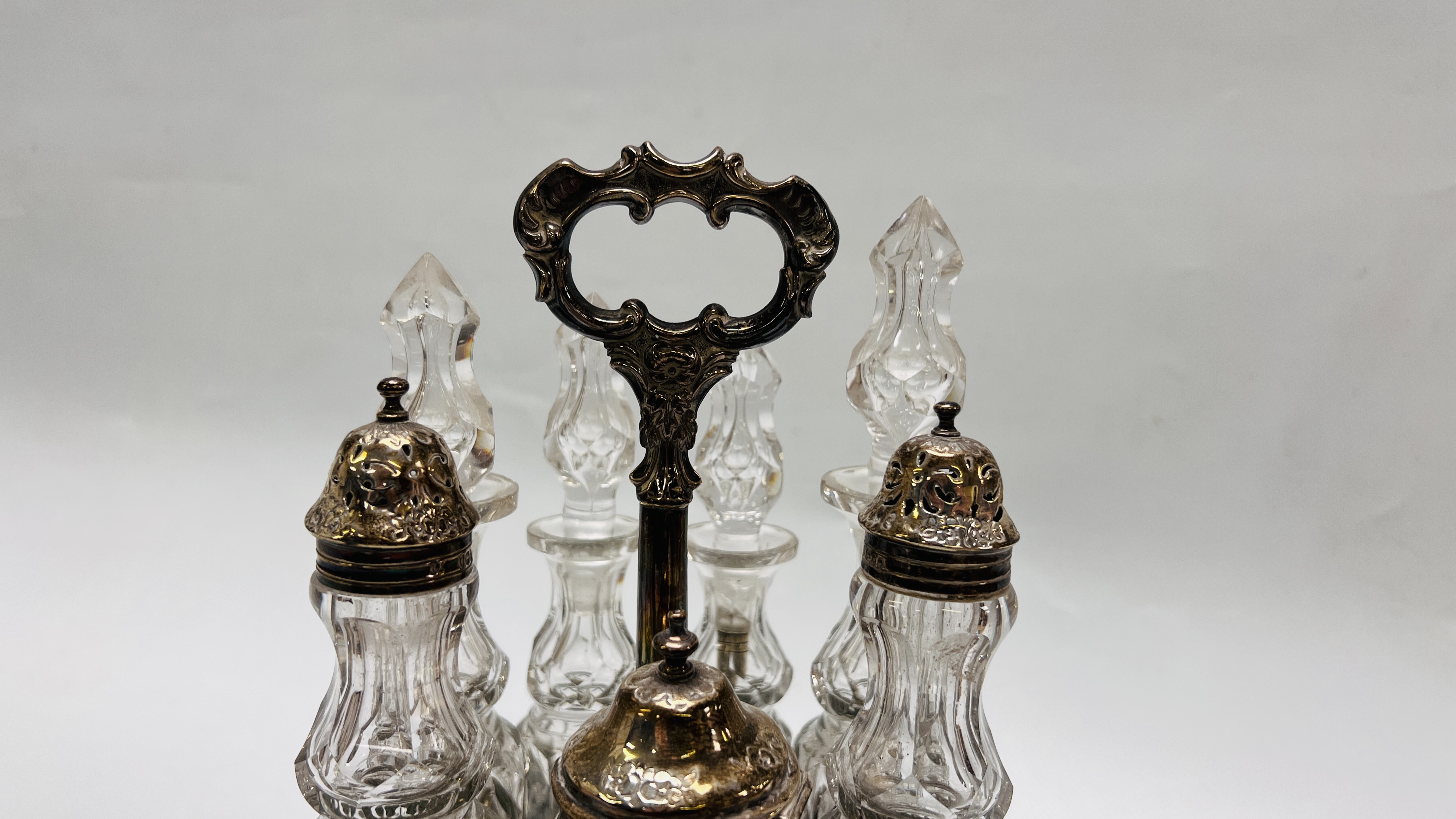 AN IMPRESSIVE SILVER EIGHT BOTTLE CRUET, THREE OF WHICH HAVE SILVER TOPS, - Image 2 of 10