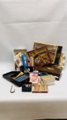 A BOX OF VINTAGE GAMES AND TOYS TO INCLUDE CHILDHOOD COLLECTIBLES, BELL PROJECTOR (BOXED),