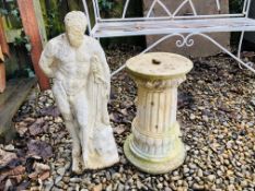 A SCULPTURE OF A CLASSICAL GREEK MAN ALONG WITH A STONE WORK CLASSICAL PEDESTAL