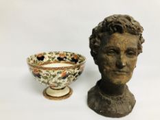 A BRONZE FINISHED PLASTER BUST OF A LADY CIRCA 1900 ALONG WITH A ROYAL DOULTON FOOTED BOWL WITH