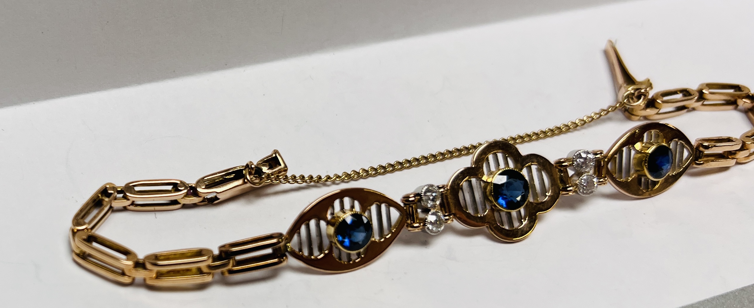 A VINTAGE DIAMOND AND SAPPHIRE BRACELET AND SAFETY CHAIN, - Image 6 of 8