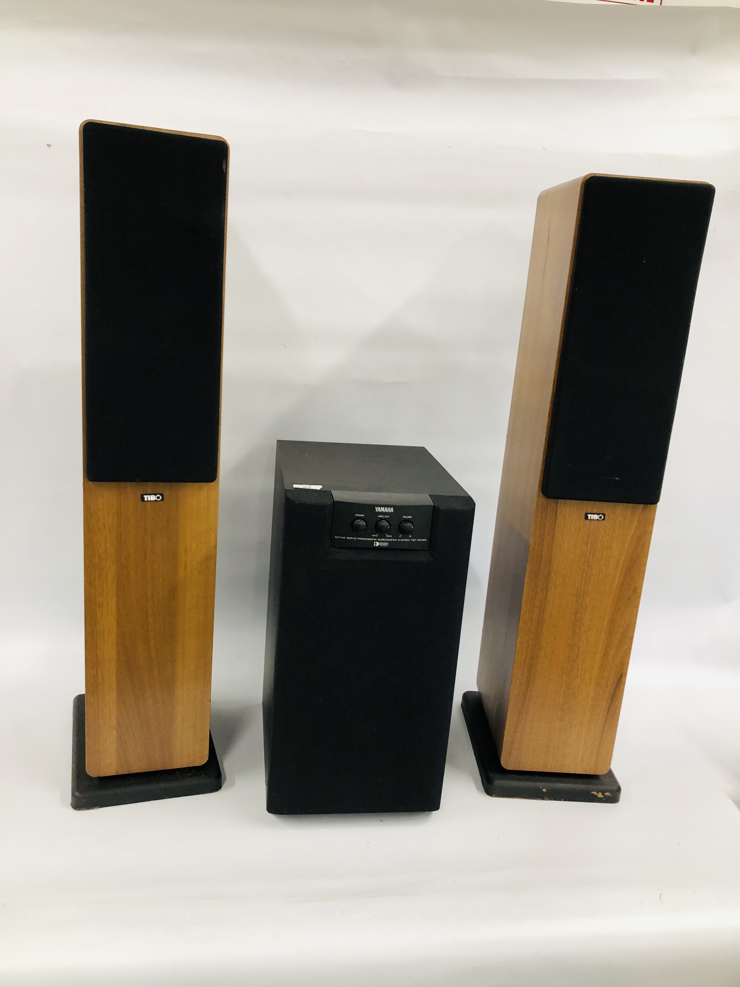 YAMAHA ACTIVE SERVO PROCESSING SUBWOOFER SYSTEM XST-SW80 ALONG WITH A PAIR OF FLOOR STANDING TIB