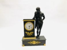 A CLASSICAL MANTEL TIMEPIECE THE CASE EMBELLISHED WITH GILT DETAIL AND FIGURE HEIGHT 37CM.