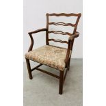 A GEORGE III LADDER BACK OPEN ARM CHAIR
