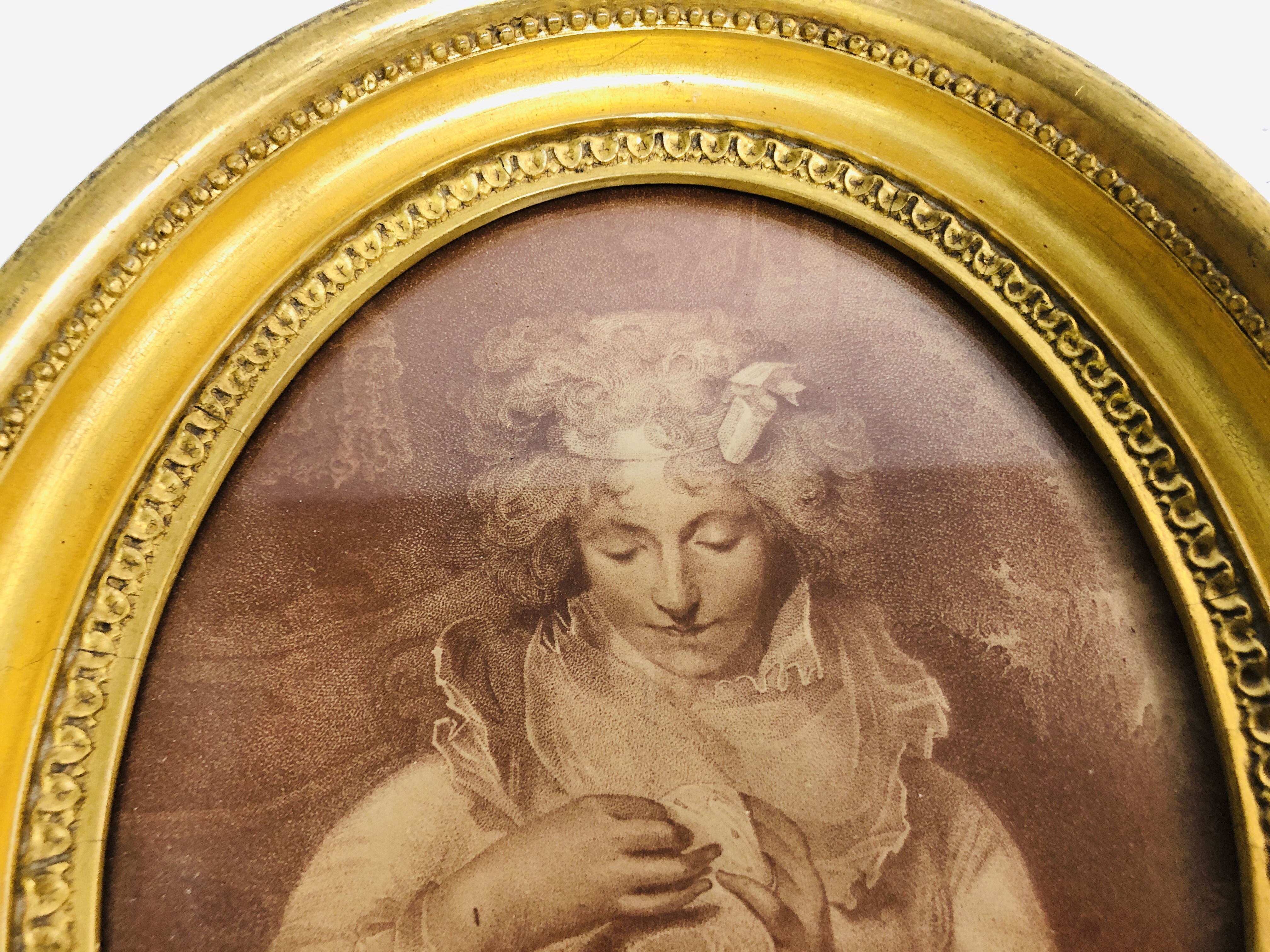 A PAIR OF C18th SEPIA PRINTS, A LADY AND A CHILD WITH A DRUM IN OVAL FRAMES, HEIGHT 25.5CM. - Image 3 of 8