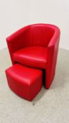 A MODERN RED FAUX LEATHER TUB CHAIR WITH MATCHING FOOT STOOL